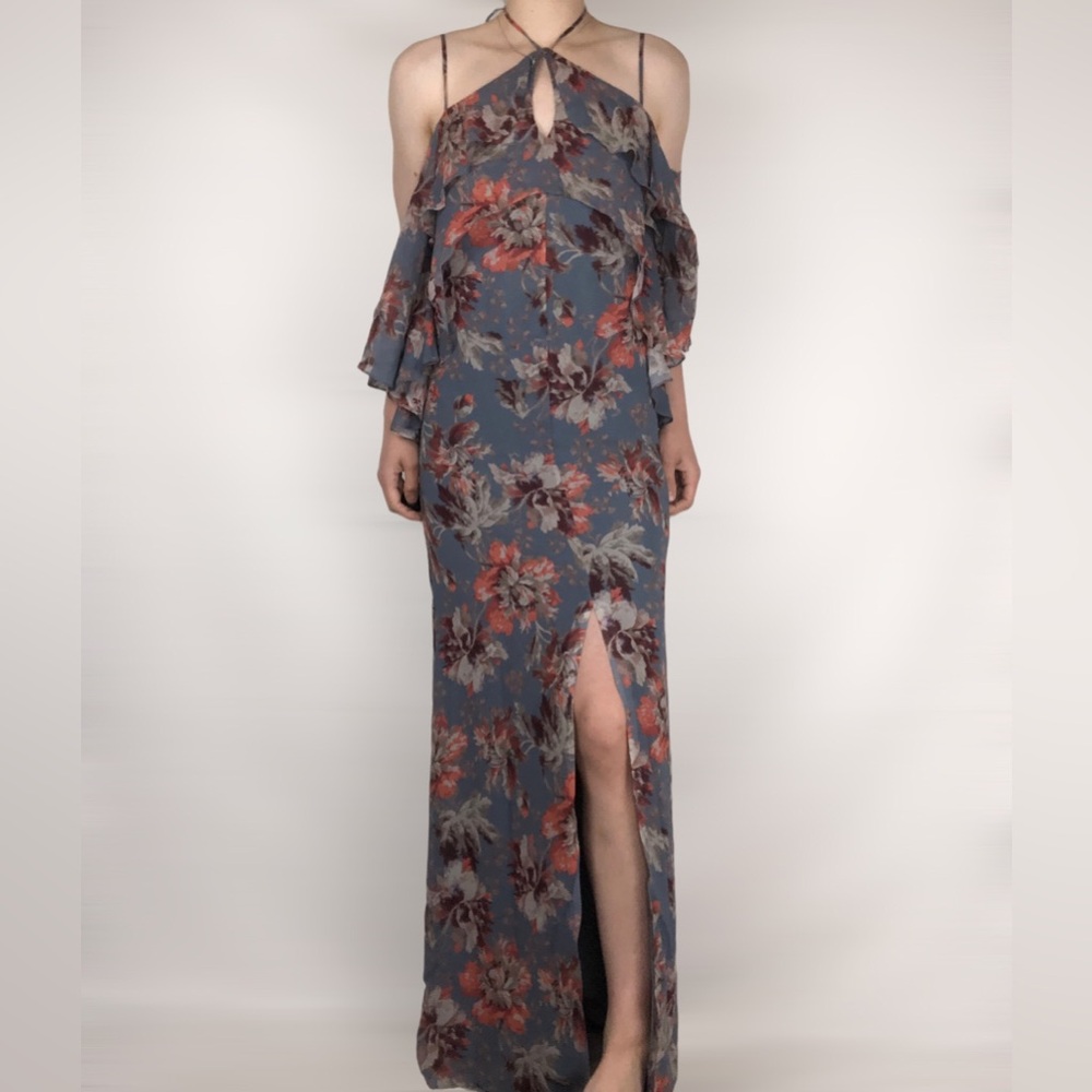 INTERMIX Gray and Red Ruffled Maxi Dress Halter Slit
